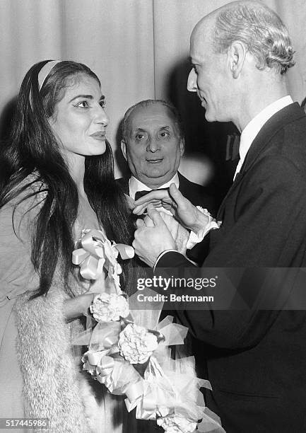 New York, NY- Opera star Maria Meneghini Callas, her husband Giovanni Battista Meneghini , and Rudolph Bing are shown in Callas' dressing room after...