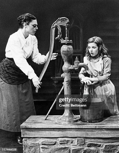 New York, NY- Young Patty Duke, playing Helen Keller as a child in the Broadway hit "The Miracle Worker" by William Gibson, learns her first word-...