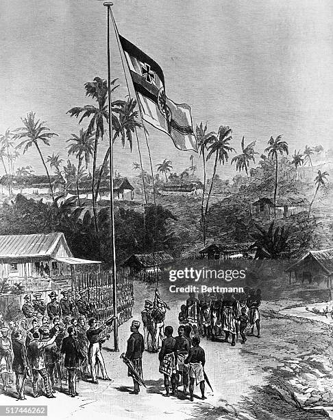 An artist's rendition of Germans taking possession of Cameroon on the west coast of Africa in 1881. Undated illustration.