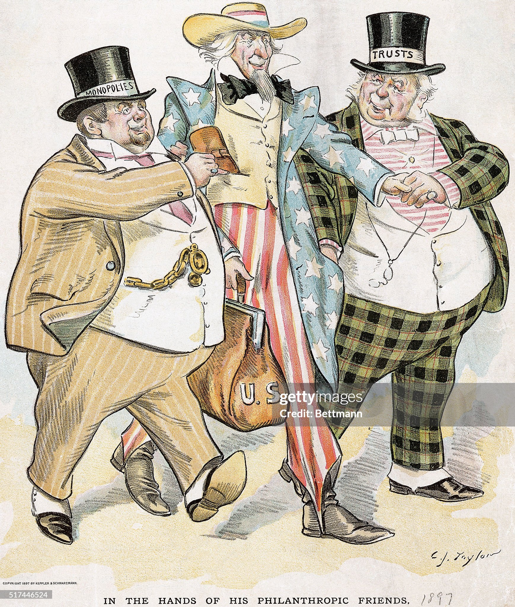 Illustration of Trusts & Monopolies Pickpocketing Uncle Sam by J.C. Taytor