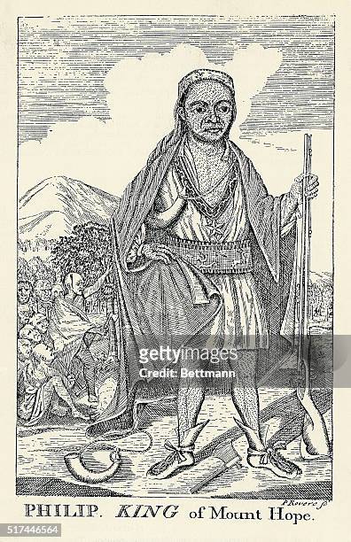 Illustration depicting Philip, King of Mount Hope . Portrait engraving by Paul Revere, from the book, "The Entertaining History of King Philip's...
