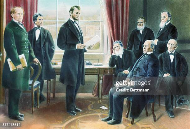 Illustration depicting Abraham Lincoln reading the draft of the Emancipation Proclamation to his cabinet on July 22, 1862. Undated.