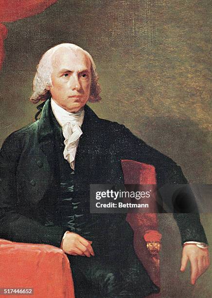 Portrait of James Madison, 4th President of the United States. He is shown seated with his arm draped over the back of his chair. Undated...
