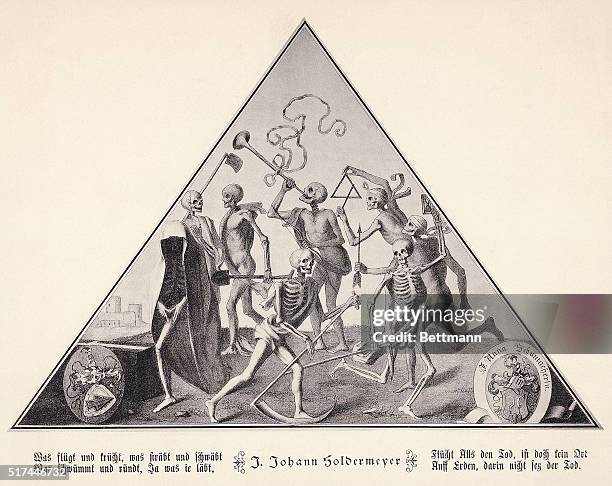 Illustration depicting the "Dance of Death," by J. Johann Soldermeyer. Dancing skeletons play musical instruments while carrying shovels and scythes....