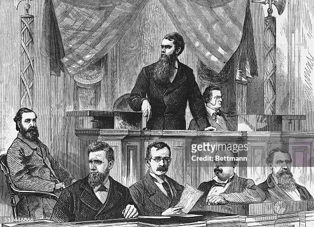 During an assembly at the Senate, Mr. Ferry, the Senate President, announces the results of the election between Rutherford B. Hayes and Samuel J....
