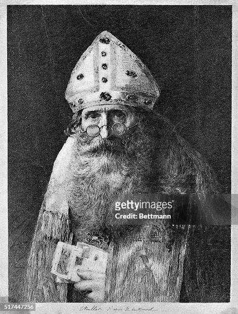 Picture shows Saint Nicholas from a etching by Muller after a painting by Boutet de Monvel. Undated.
