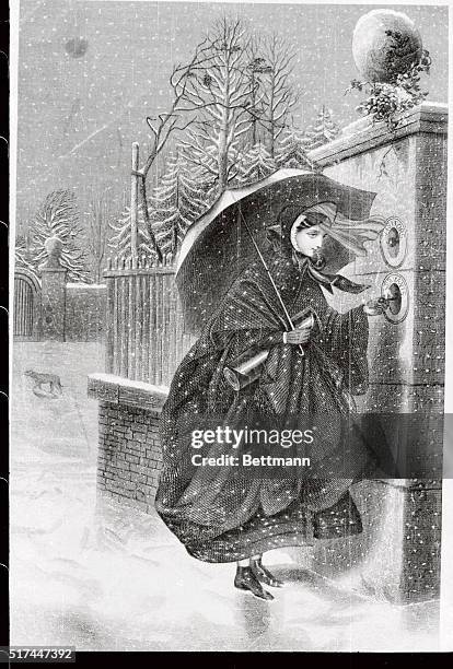 Young girl ringing doorbell. After steel engraving in Godey's Magazine.