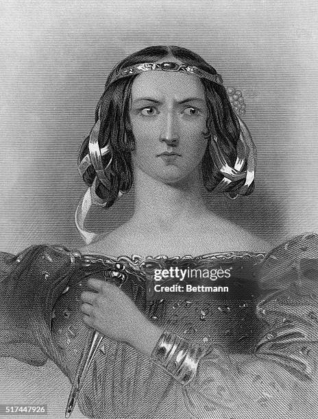 Picture shows Lady Macbeth, holding a bloodied dagger in her hand from Act 2, Scene 2 of Shakespeare's play, "Macbeth." Undated engraving by Meadows...