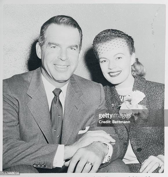 Actor Fred MacMurray and his wife actress June Haver, shown at a press conference this afternoon, 1/12, were among the guests at the William Penn...