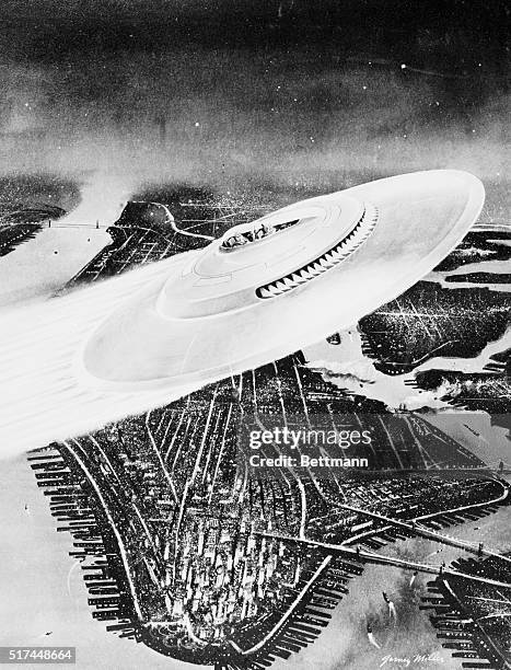 Two-man interceptor flies eastward over Manhattan Island in this artist's concept of the type of Flying saucer which the United States Air Force has...