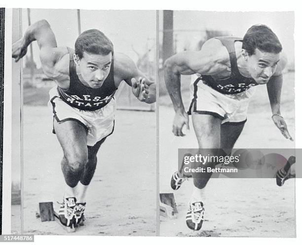 Fresno State sprint star Mike Agostini of Trinidad displays starting from which helped him set a new mark of 20.1 seconds last weekend for the 220...