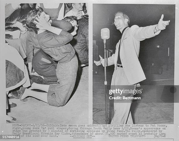 Unidentified girl shrieks approval in photo at left as rock and roll singer pat Boone belts out a song during Chicago youth Rally here April 22nd....