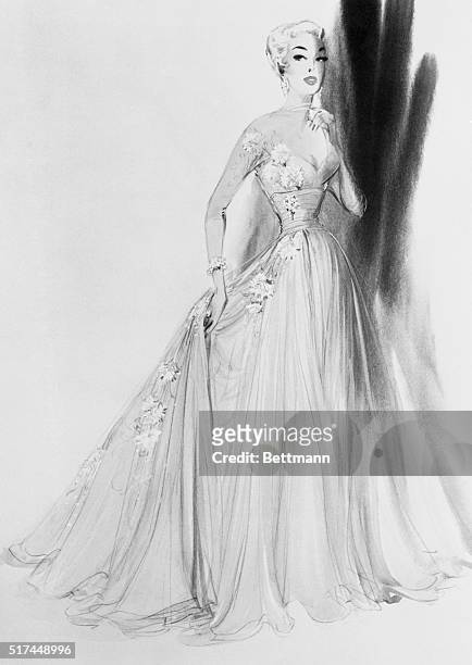 Ballgown design of layers of gray-over-rose chiffon, appliqued with rhinestones and pink and white embroidered flowers for Grace Kelly's trousseau,...