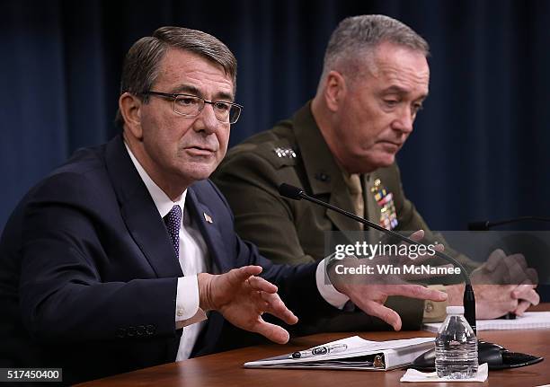 Secretary of Defense Ash Carter and Chairman of the Joint Chiefs of Staff Gen. Joseph Dunford brief members of the press at the Pentagon March 25,...