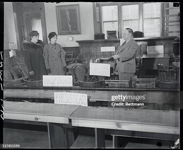 Flemington: Sheriff Shows Sightseers Hauptmann's Chair. Sheriff Curtis points out to sightseers Essie and Helen Van Pelt of Peapack, New Jersey, the...