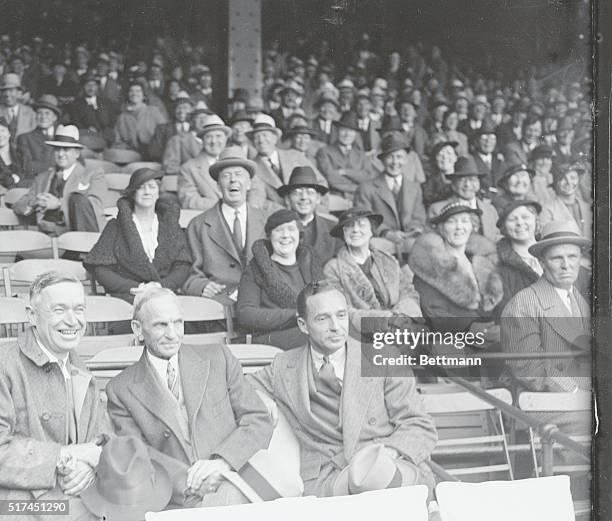 Left to right: Will Rogers, Henry Ford, and Edsel Ford at the opening game of the 1934 World Series--Detroit Tigers vs. St. Louis Cardinals.