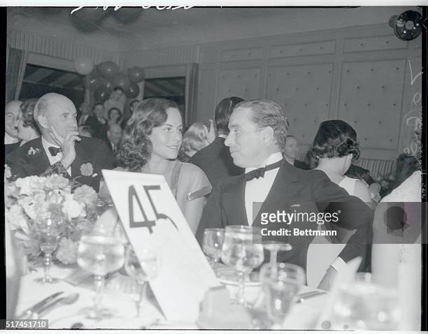 Sam Goldwyn, Paulette Goddard and Charles Chaplin at the United Artist Sales Convention banquet held at the Trocadero cafe.