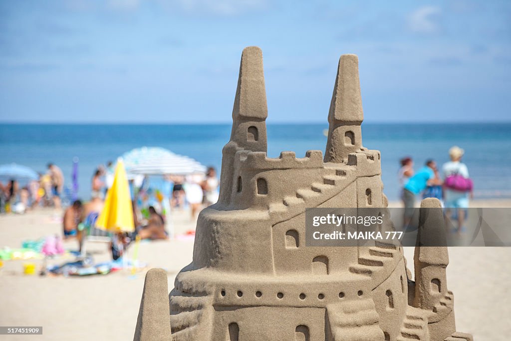 Close-up of a sand castle on the beach