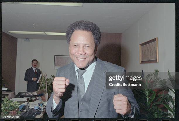 Close-up of Jose Torres, the former World Light-Heavyweight Champion and the current New York State Athletic Commissioner, in fighting pose.