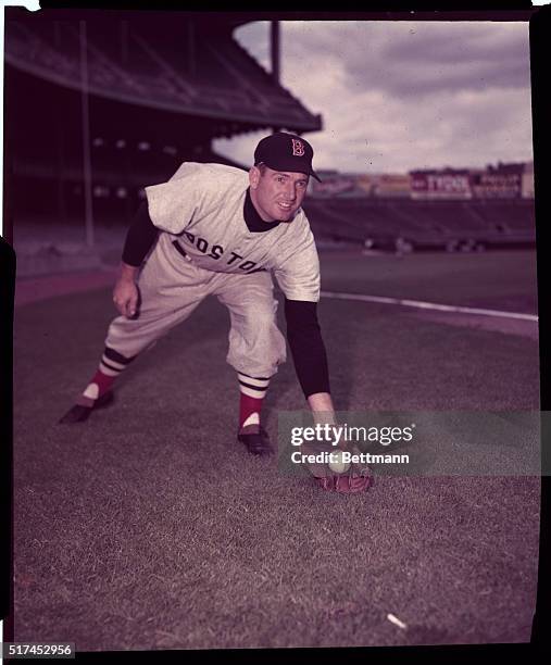 George Kell of the Boston Red Sox practicing batting.