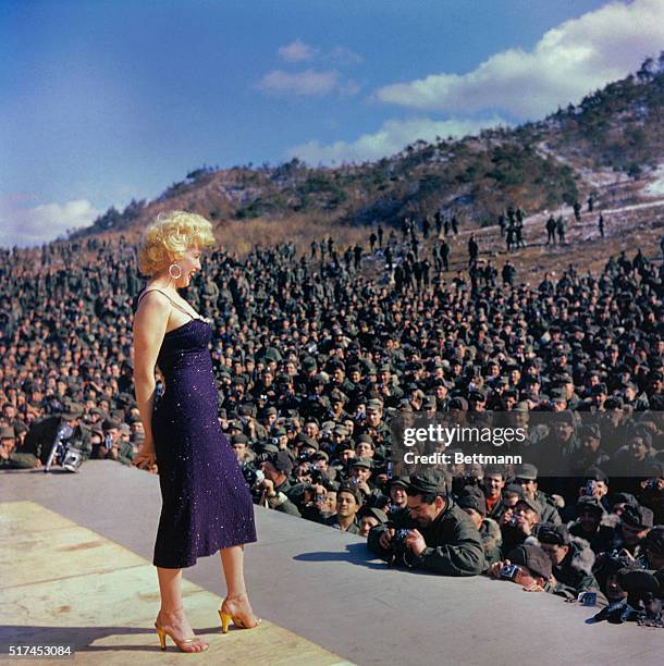 Marilyn Monroe performs for American troops in Korea in February 1954.