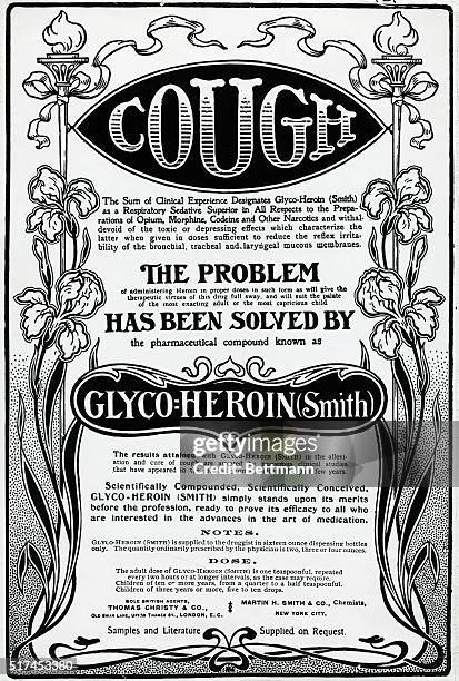 Advertisement for cough medicine made with heroin. Undated illustration.