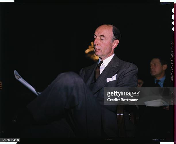 Under Secretary of State, Robert Lovett, is shown here reading notes, as Secretary of State Marshall appeared before a joint congressional foreign...