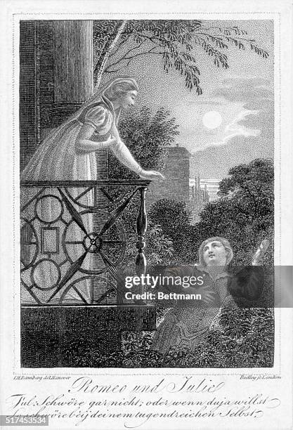 Engraving of the balcony scene from William Shakespeare's play "Romeo and Juliet." Undated illustration.