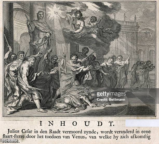 Gaius Julius Caesar . Allegorical engraving of the assassination by group of nobles including Brutus and Cassius, on the Ides of March. Undated.