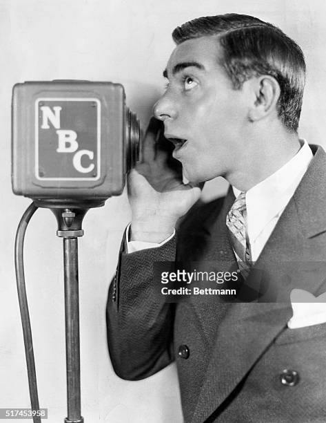 Eddie Cantor, talking into NBC microphone. Undated photograph.
