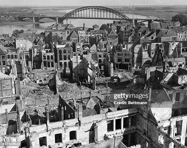 Holland: A panoramic view of the city of Nijmegen, Holland, and the Nijmegen Bridge over the Waal River in the background. The city was hit by...