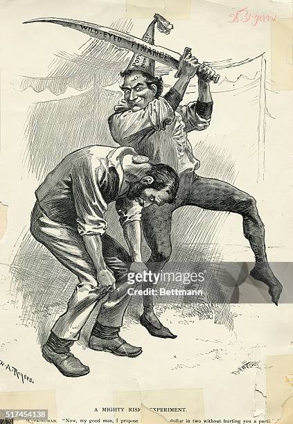 Caricature of William Bryan , Presidential Candidate, populist in a "mighty risky experiment". Undated engraving showing Bryan trying to split a gold...