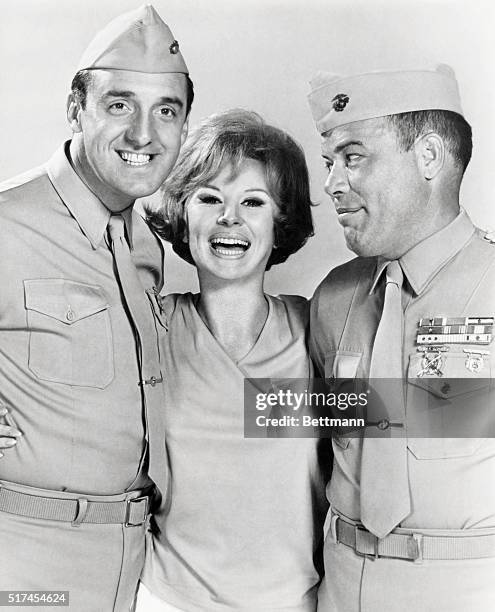 Three to Get Ready. Jim Nabors, left, Barbara Stuart, and Frank Sutton make a cheerful threesome as they prepare for a third season of the top-rated...