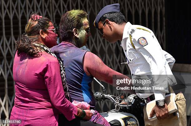 Police checking for Drink and Drive during Holi Celebrations at Shivaji Park, on March 24, 2016 in Mumbai, India. Holi is a festival of colors,...