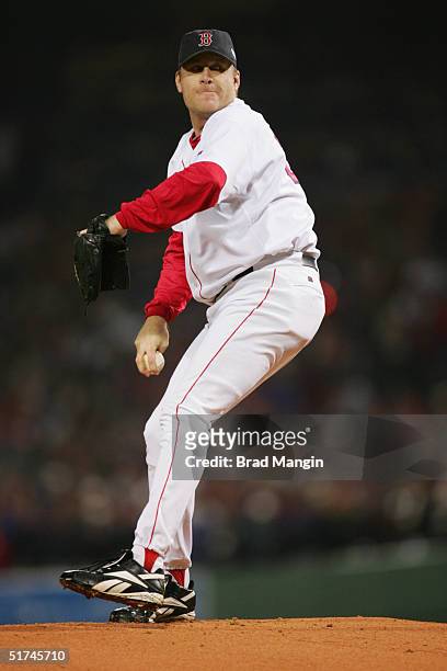 Pitcher Curt Schilling of the Boston Red Sox pitches during game two of the 2004 World Series against the St. Louis Cardinals at Fenway Park on...