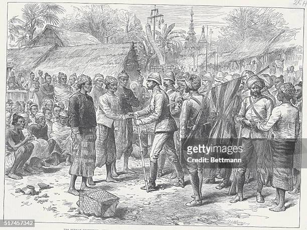 The Burmah Expedition: General Prendergast's Interview With The Officers and Remnant Of The Burmese Army. From A Sketch By Our Special artist, Mr....