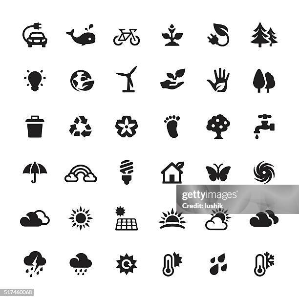environmental conservation and alternative energy vector symbols and icons - sky and trees green leaf illustration stock illustrations
