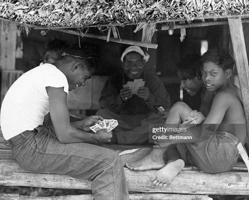 Island Natives Playing Cards in Makeshift Hut
