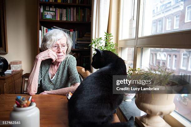 senior woman at home with her cat - old woman cat stock-fotos und bilder