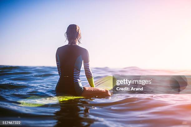 surfer girl - surfer wetsuit stock pictures, royalty-free photos & images