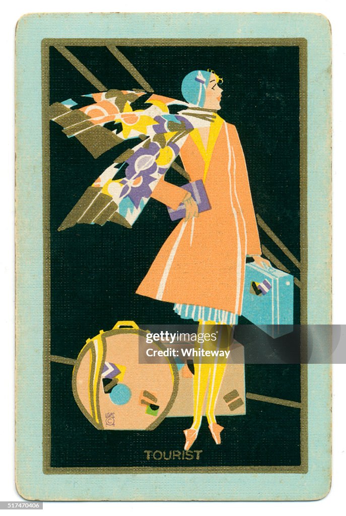 Art deco playing card back design tourist lady 1927