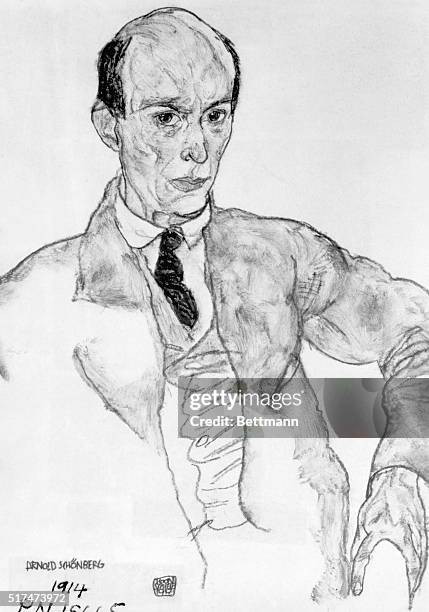 Sketch shows Austrian Composer, Arnold Schonberg , seated and wearing a suit. Drawn by Egon Schiele. BPA 2.