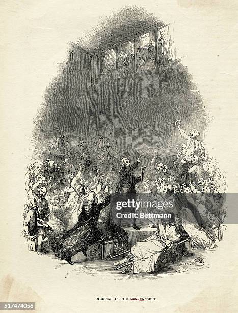 Paris, France: Illustration of the members of the French National Assembly meeting inside and indoor Tennis Court in Paris where they took an oath to...