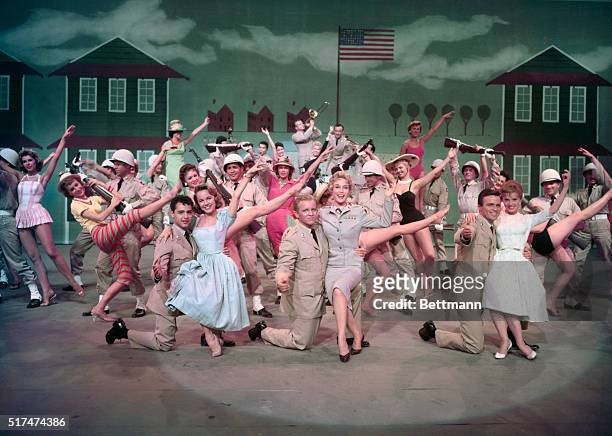 Private's Affair. Finale production number. Front row , Sal Mineo with Terry Moore, Gary Crosby with Barbara Eden, Barry Coe with Christine Carere.