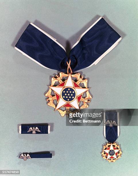 View of the Presidential Medal of Freedom, designed by Army Institute of Heraldry and first granted in 1963, when it was established by President...