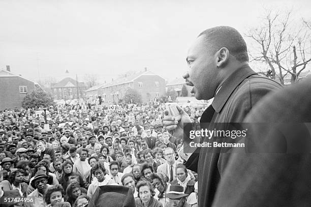 Civil rights leader Dr Martin Luther King Jr addresses a huge gathering following their aborted march from Selma to Montgomery, Alabama to point out...