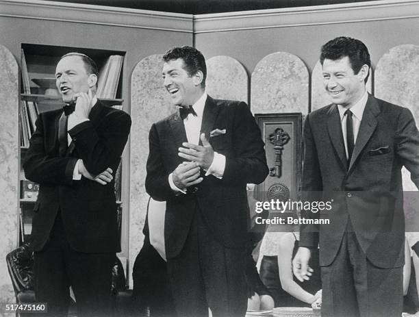 Exclusive To You In Your City. Sendoff. Eddie Fisher, right, joins guest star Frank Sinatra, left, and host Dean Martin for some comedy lines when he...