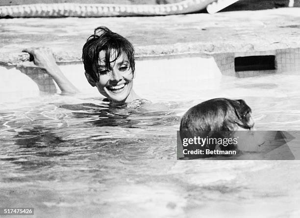 Actress Audrey Hepburn and actor Albert Finney slosh around happily during the filming of a swimming pool sequence here July 8 for their new movie...