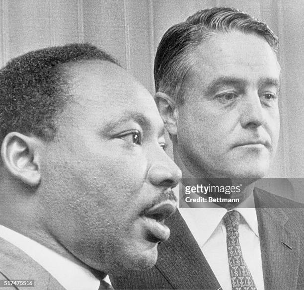 Atlanta: Sargent Shriver , director of the Office of Economic Opportunity, huddles with Dr. Martin Luther King in a reported attempt to solve a...