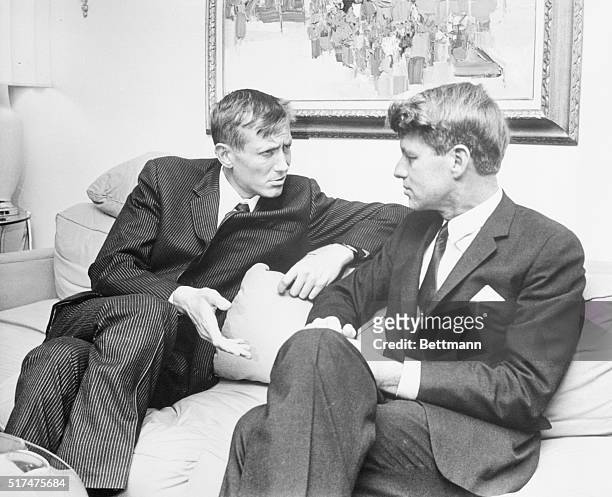 Senator Robert F. Kennedy, , chats with his guest, visiting Russian Poet Yevgeny Yevtushenko, at his apartment. Sometimes in English, and sometimes...